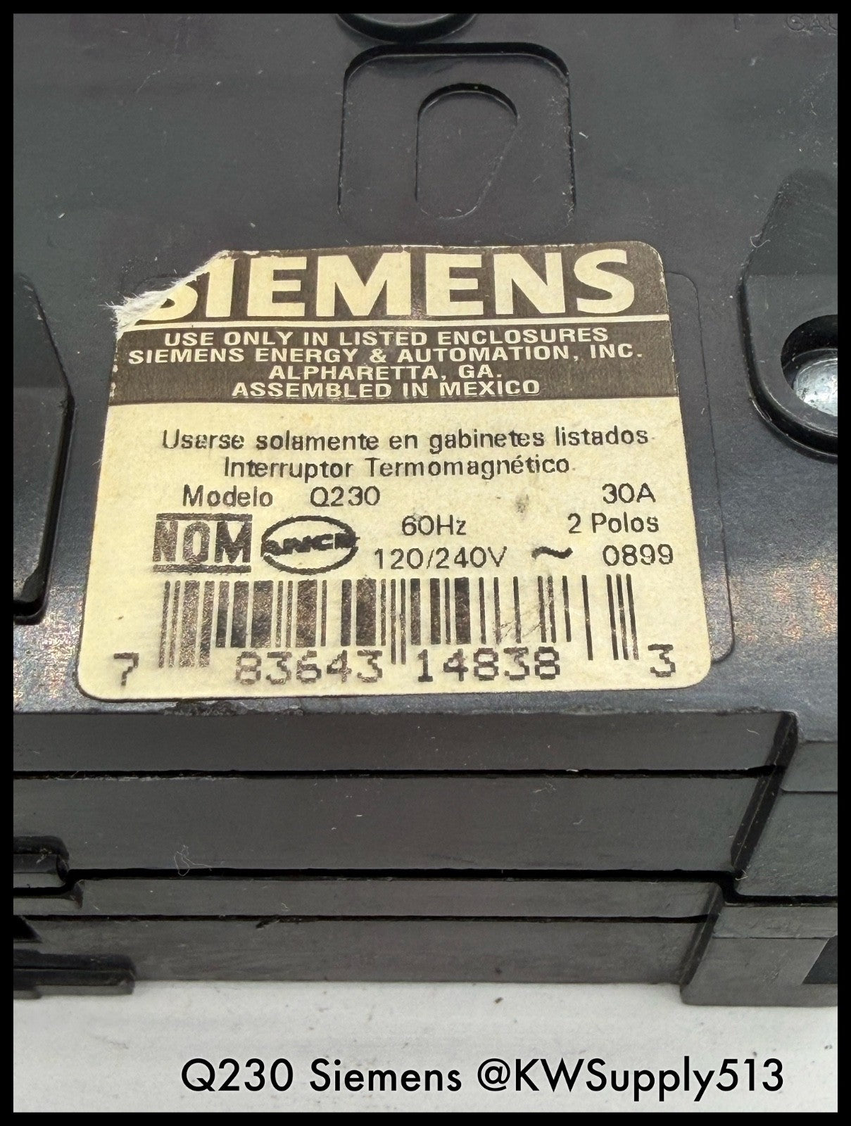 Q230~Siemens Q230 30A 2P 1PH 240VAC 10KA Circuit Breaker-Used