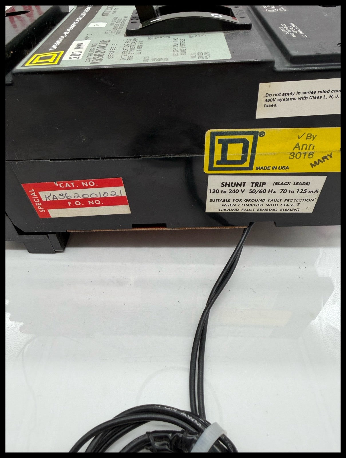 KA362001021~Square D KAB36200102 200A 600VAC I-Line Circuit Breaker -Used