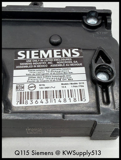 Q115~Siemens Q115 15A 120Vac 1P 1PH 10KA Circuit Breaker-Used