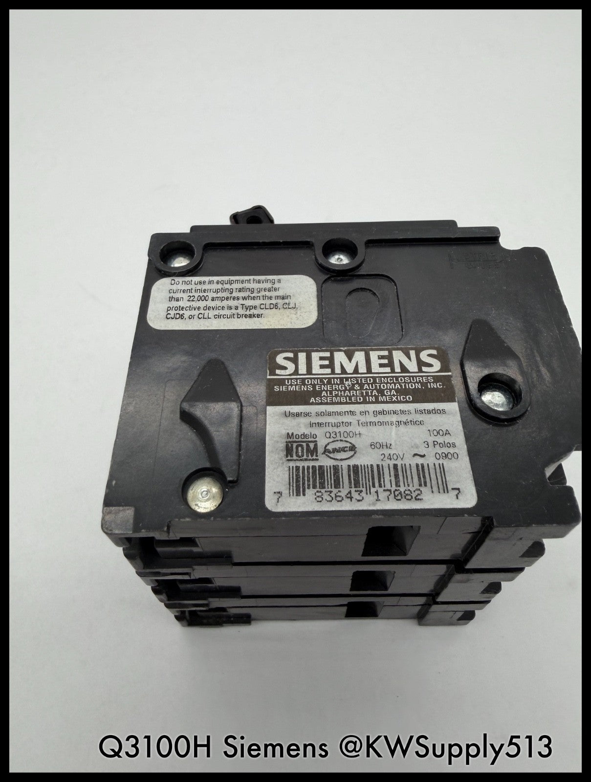 Q3100H~Siemens Q3100H 100A 3P 3PH 240VAC 22KA Circuit Breaker-Used