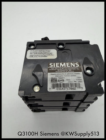 Q3100H~Siemens Q3100H 100A 3P 3PH 240VAC 22KA Circuit Breaker-Used