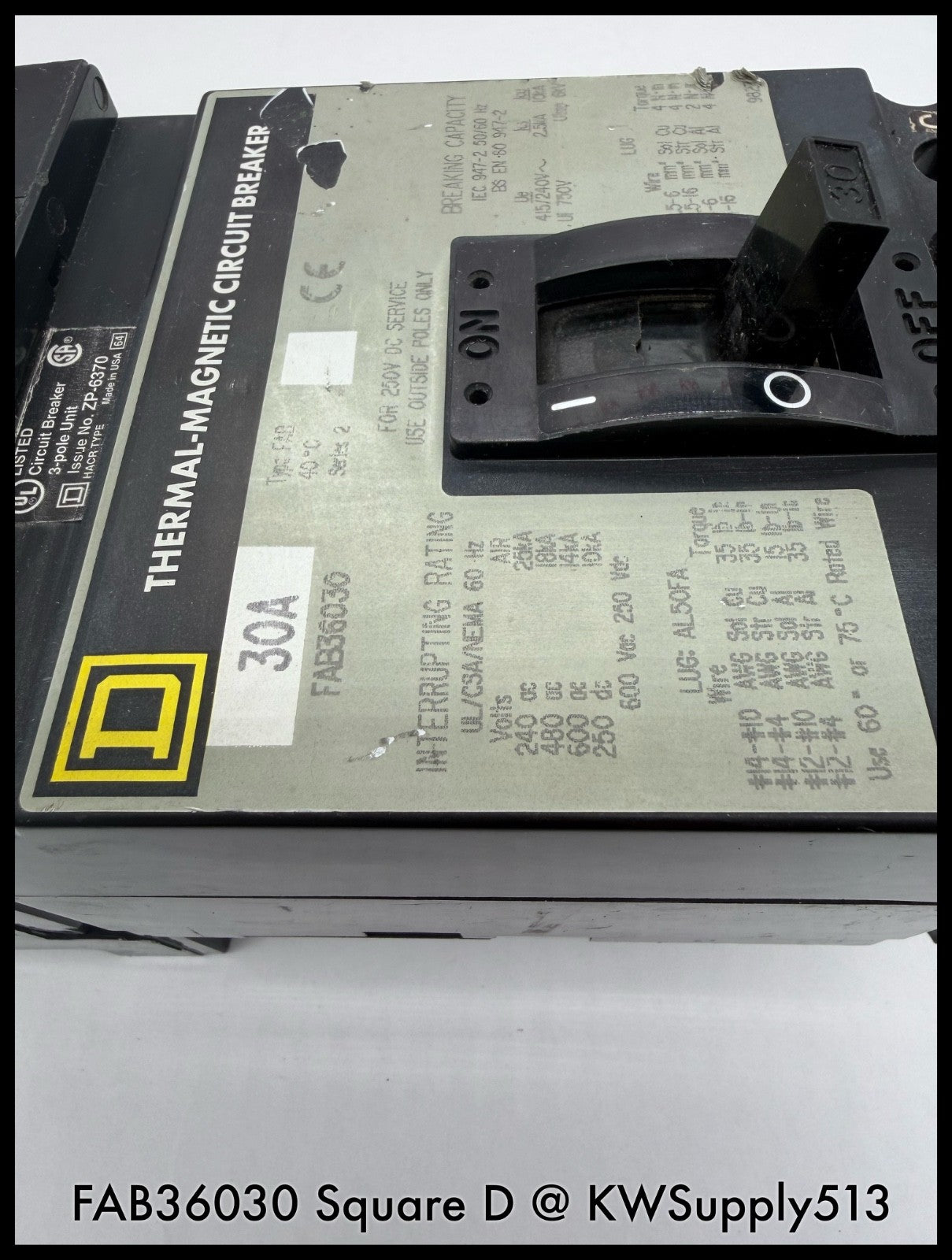 FAB36030~Square D FAB36030 30A 3P 3PH 600V 18ka I-Line Circuit Breaker-Used