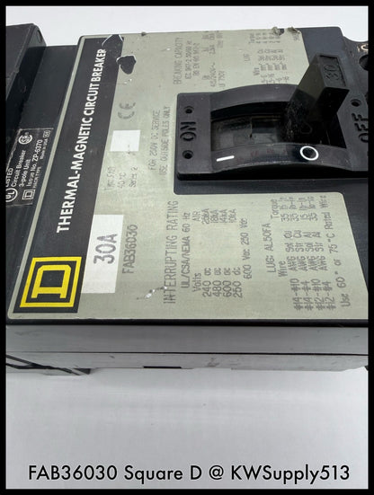 FAB36030~Square D FAB36030 30A 3P 3PH 600V 18ka I-Line Circuit Breaker-Used