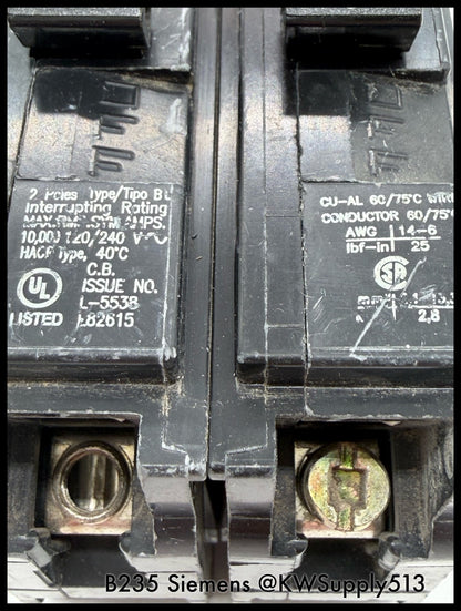 B235~Siemens B235 35A 240VAC 2P 1PH  10KA Circuit Breaker-Used