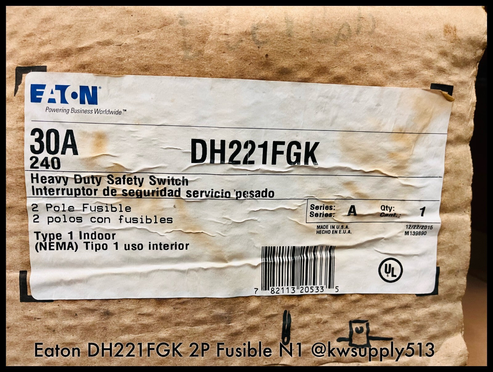 DH221FGK~ Eaton DH221FGK 30A Heavy Duty Safety Switch 2P Fusible N1 ~ Unused