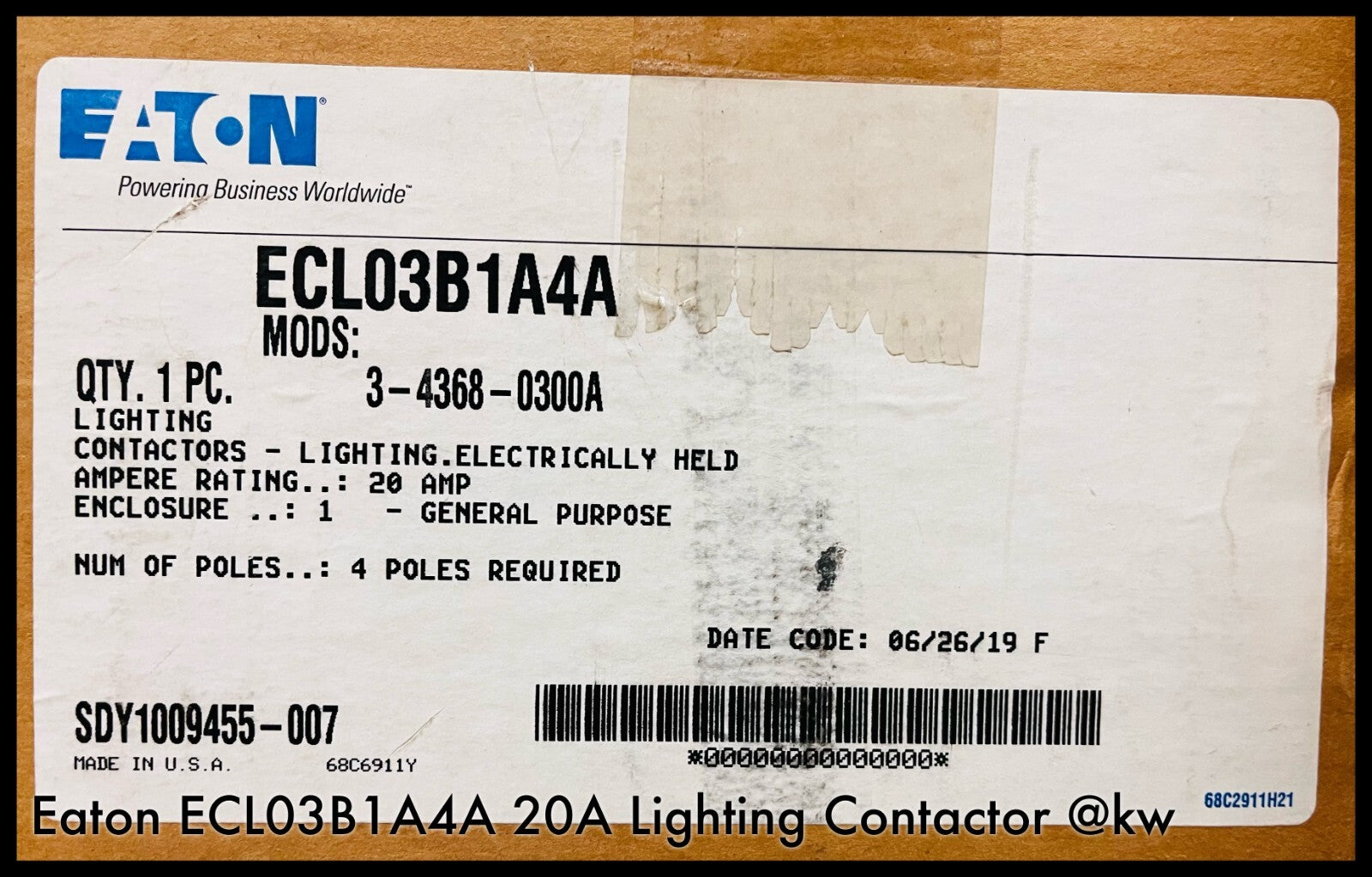 ECL03B1A4A ~ Eaton ECL03B1A4A 20A Lighting Contactor TY1 ~ Unused Surplus