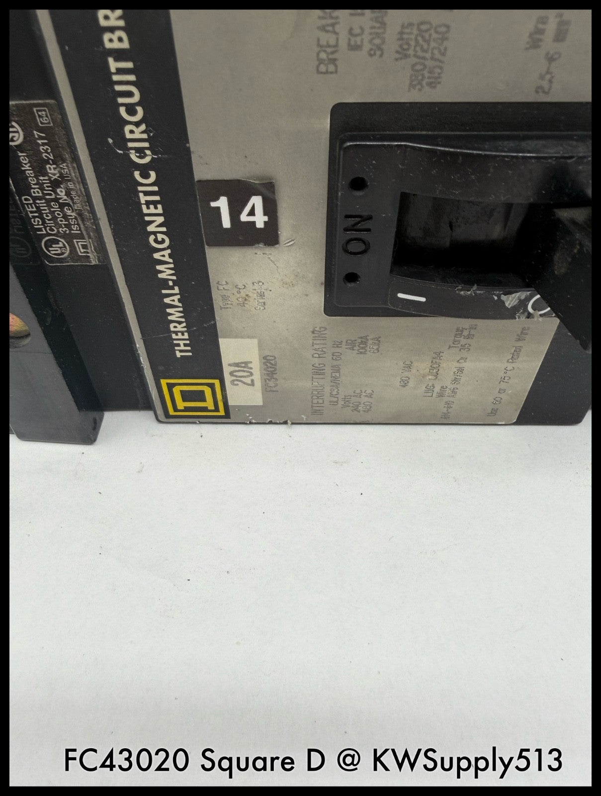 FC34020~Square D FC34020 20A 3P 3PH 480VAC TM I-Line Circuit Breaker-Used