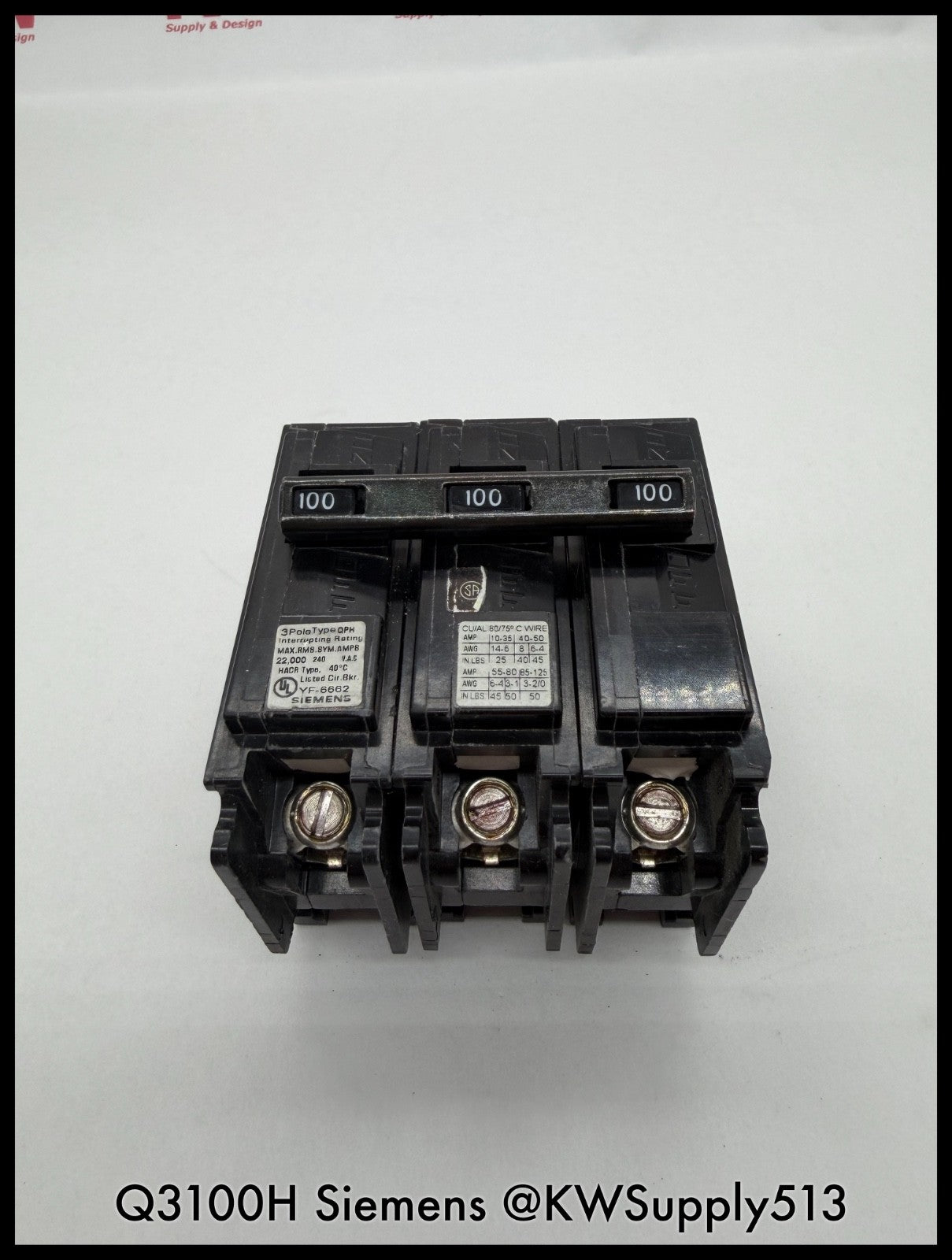 Q3100H~Siemens Q3100H 100A 3P 3PH 240VAC 22KA Circuit Breaker-Used