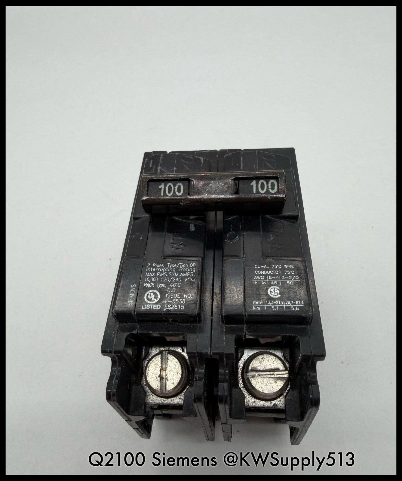 Q2100~Siemens Q2100 100A 2 Pole1P 120/ 240V 10KA Circuit Breaker -Used