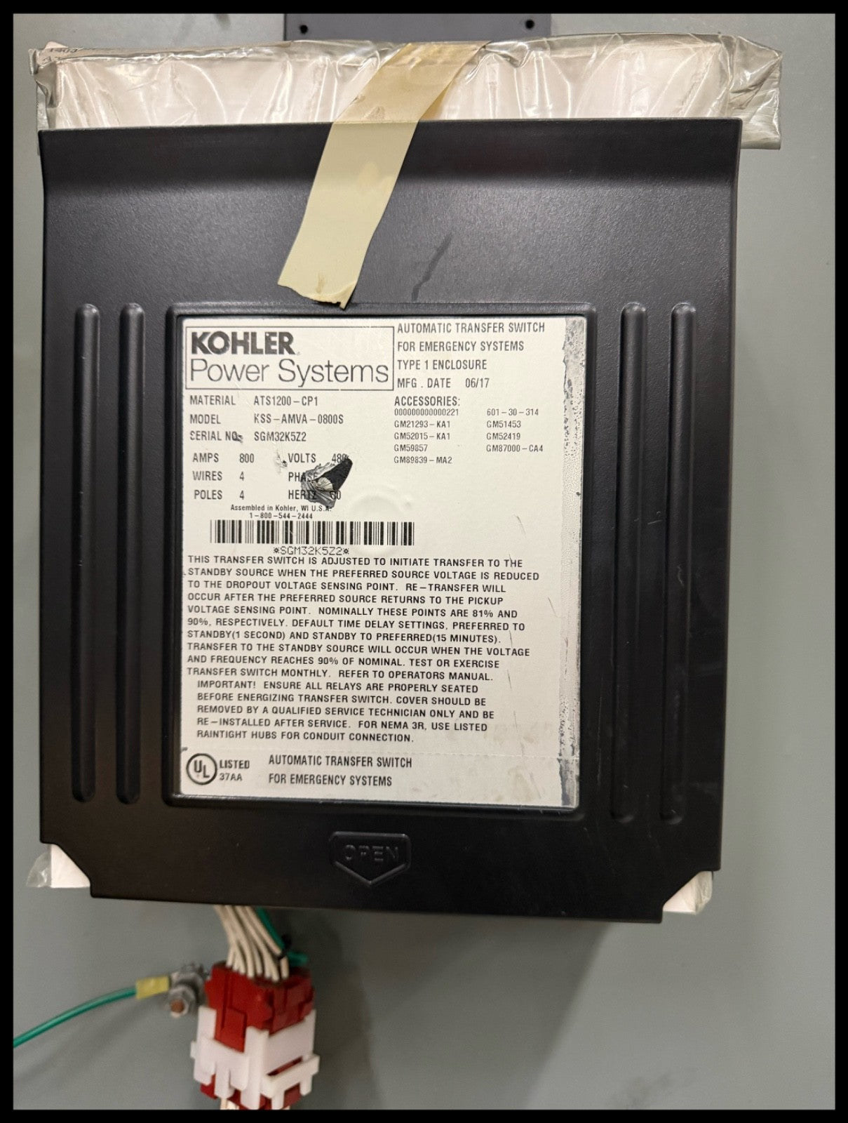 ATS1200-CPI~KOHLER ATS1200-CPI KSS-AMVA-08005 800A 480V 4P Transfer Switch-Used