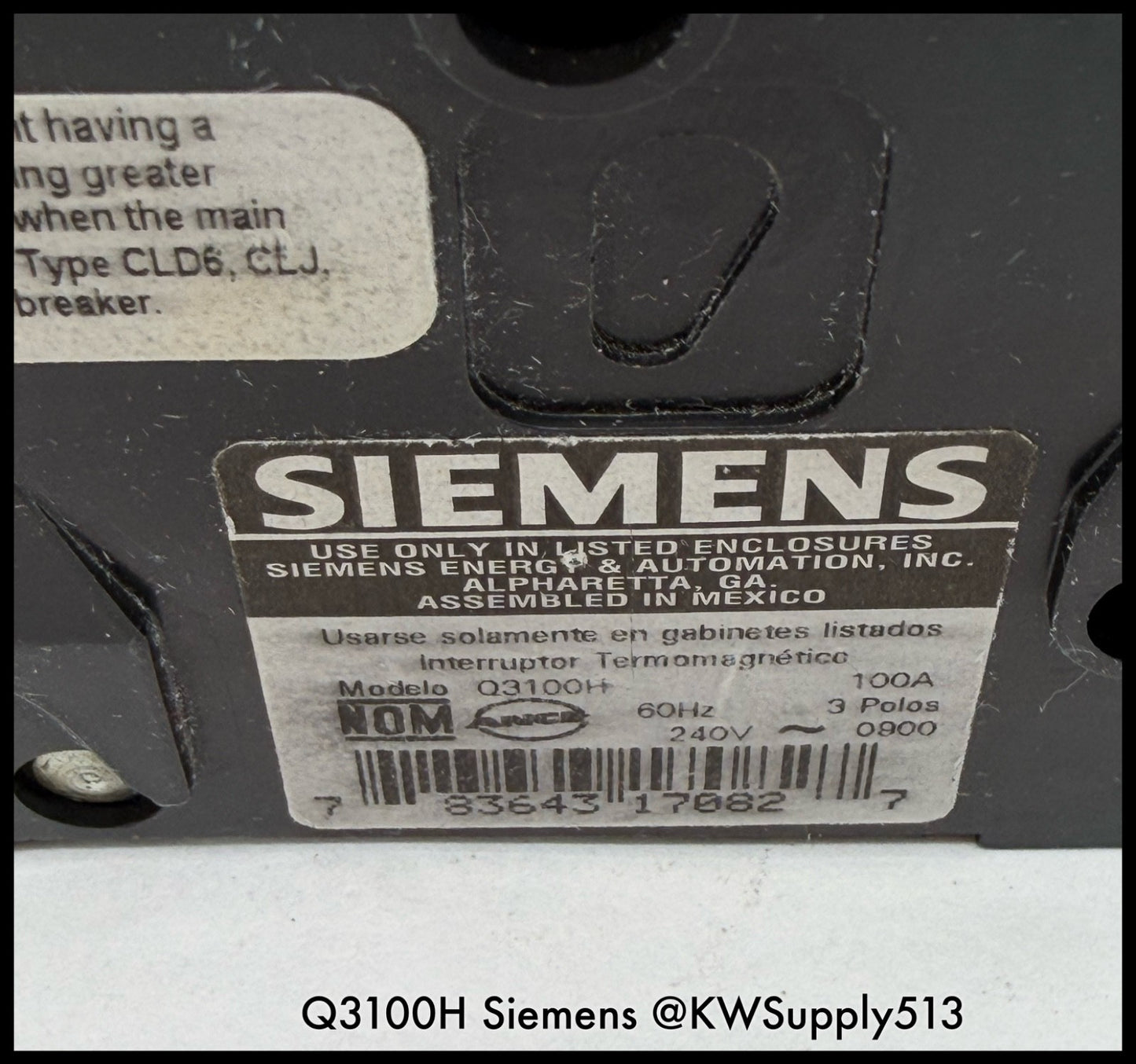 Q3100H~Siemens Q3100H 100A 3P 3PH 240VAC 22KA Circuit Breaker-Used