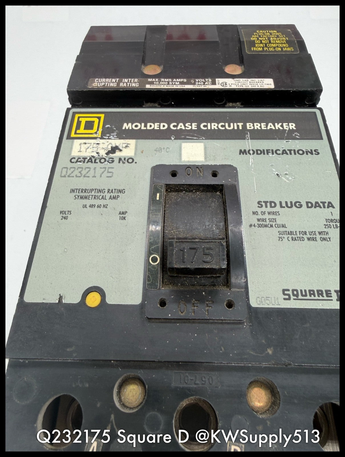 Q232175~Square D Q232175 175A 3P 3PH 240VAC 10KA I-Line Circuit Breaker-Used