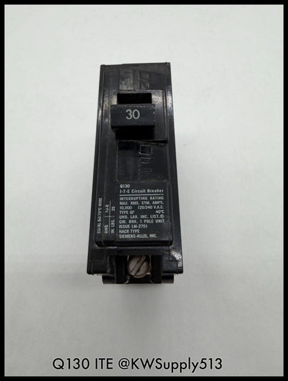 Q130~ITEQ130 30A 1P 120VAC 480VDC 10KA Circuit Breaker-Used