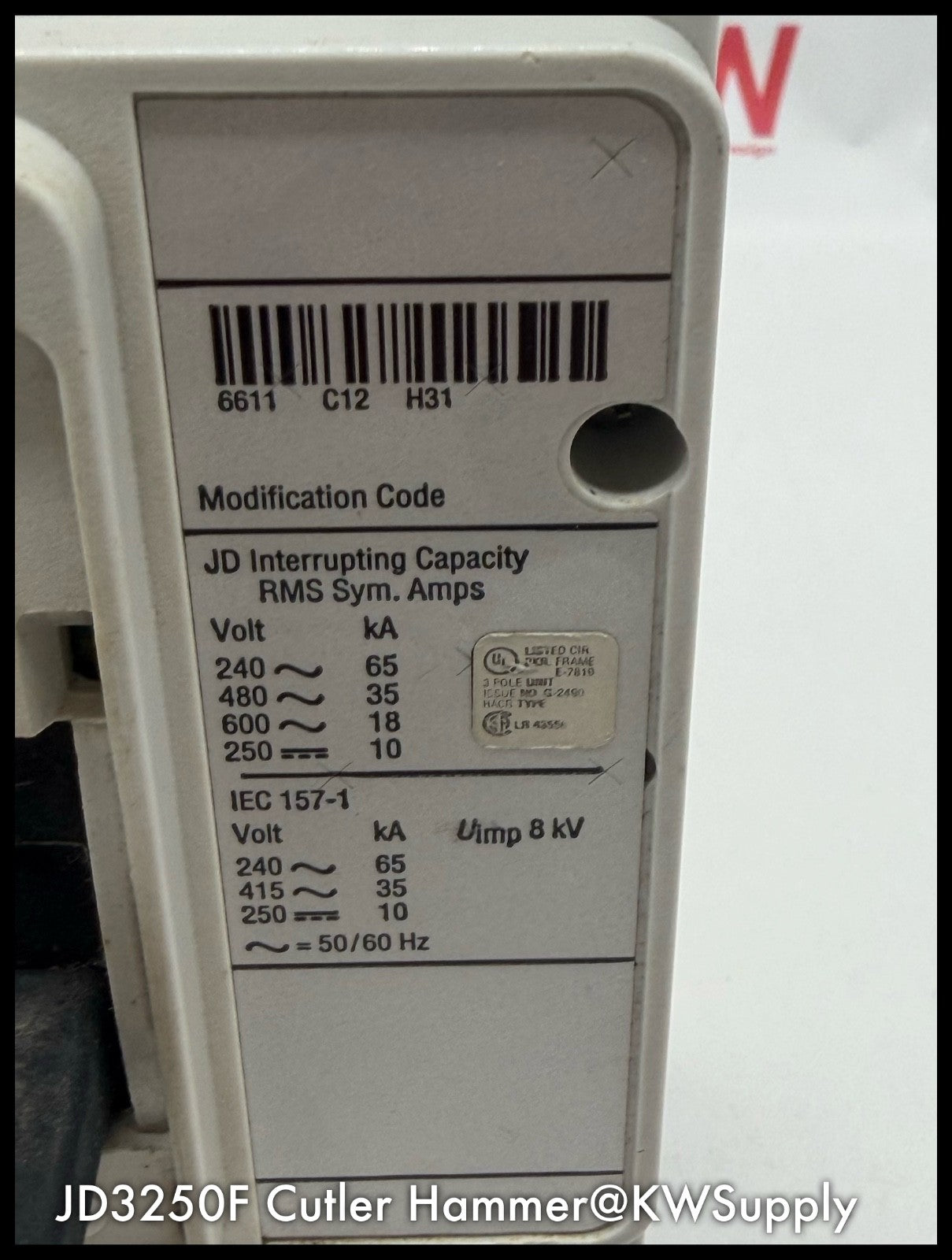 JD3250F~Culter Hammer JD3250F 250A 3P 600VAC Circuit Breaker-Used