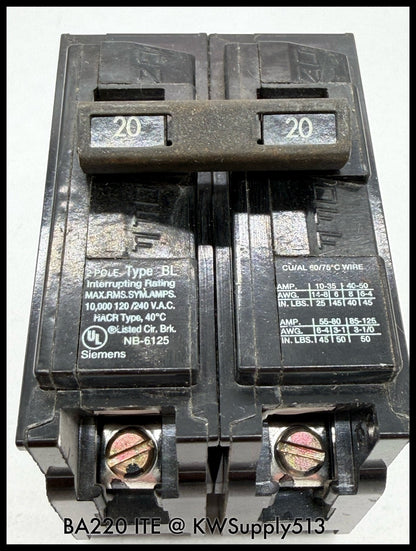 B220~ITE B220 20A 120/240VAC 2P 1PH 10KA TM Circuit Breaker-Used