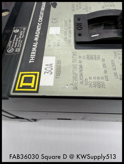 FAB36030~Square D FAB36030 30A 3P 3PH 600V 18ka I-Line Circuit Breaker-Used
