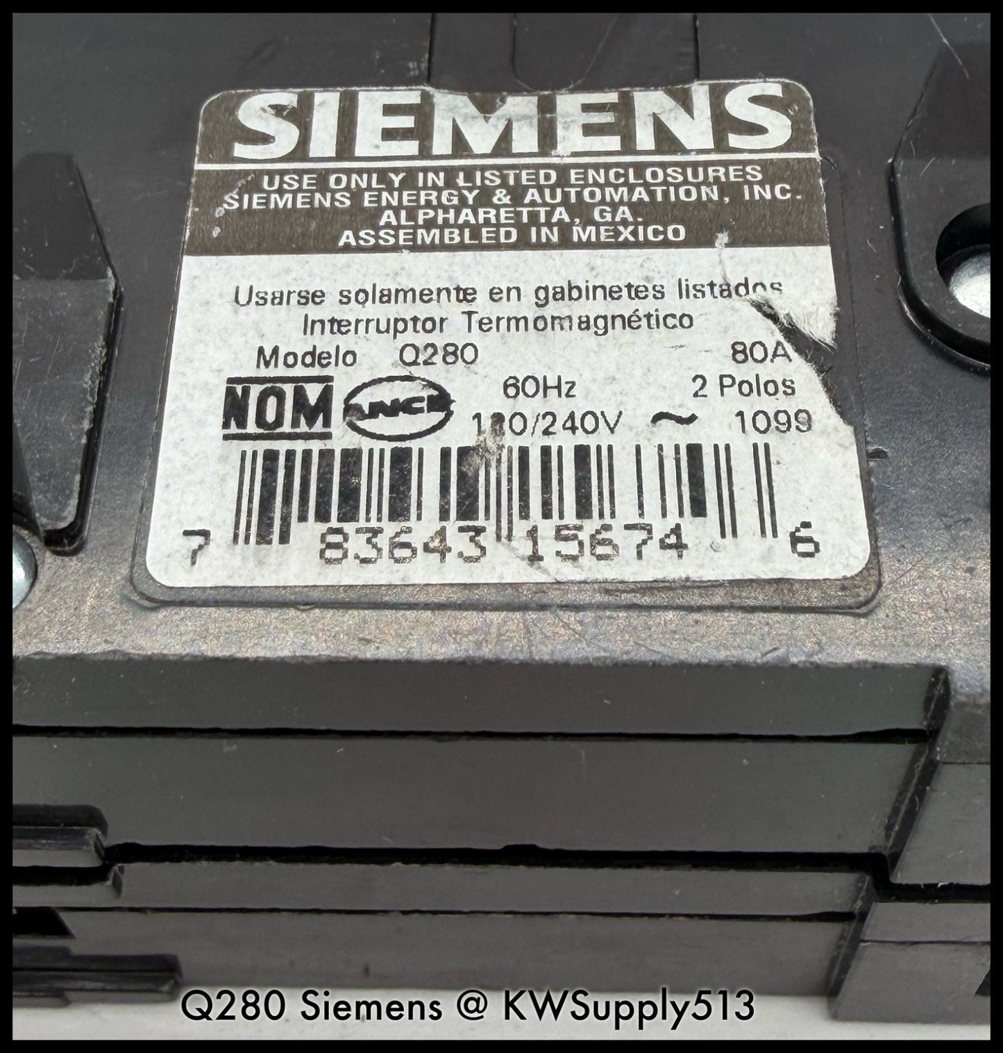 Q280~Siemens Q280 80A 2P 1PH 240Vac 10KA Circuit Breaker-Used