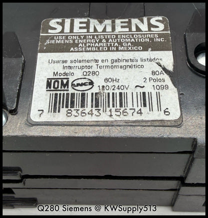 Q280~Siemens Q280 80A 2P 1PH 240Vac 10KA Circuit Breaker-Used