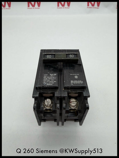 Q260~Siemens Q260 60A 2P 1PH 120/240VAC 10KA Circuit Breaker-Used