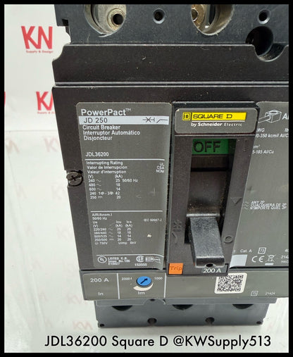 JDL36200~Square D JDL36200 200A 600VAC 3P 3PH 18KA Circuit Breaker-Used