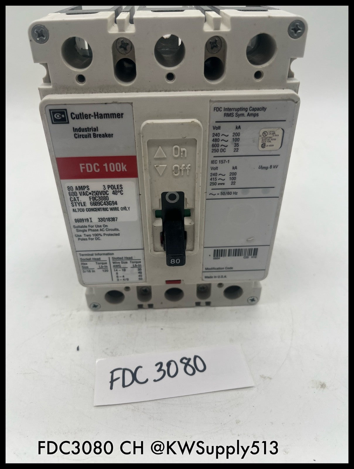 FDC3080~Culter Hammer FDC3080 80A 3P 600V Circuit Breaker-Used