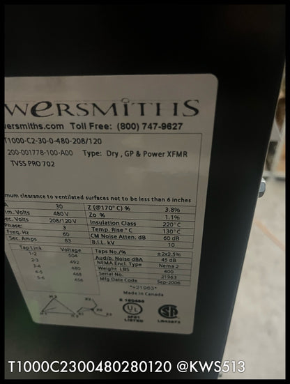 T1000-C2-30-0-480-208/120~Powersmith T1000-C2-30-0-480-208/120 Transformer-New