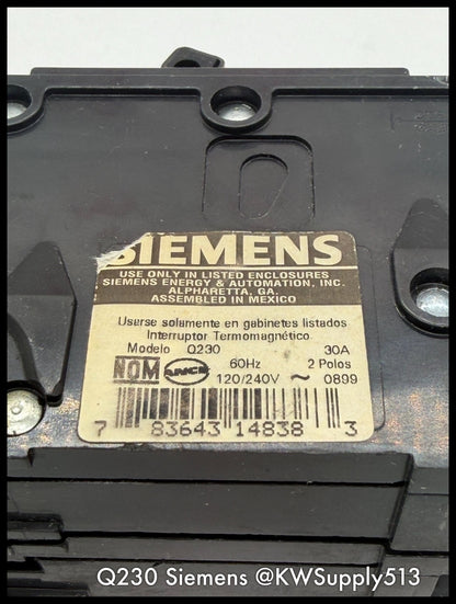 Q230~Siemens Q230 30A 2P 1PH 240VAC 10KA Circuit Breaker-Used