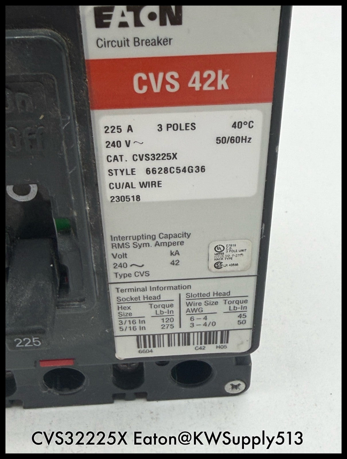 CVS3225X~Eaton CVS3225X 225A 240VAC Circuit Breaker-Used