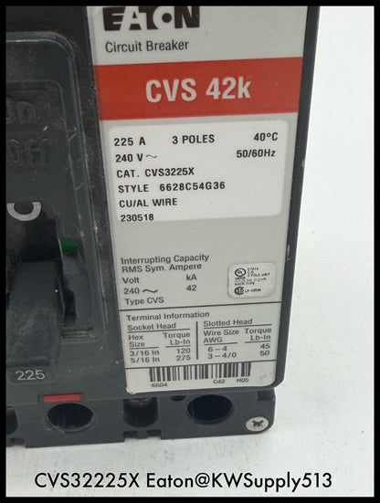 CVS3225X~Eaton CVS3225X 225A 240VAC Circuit Breaker-Used