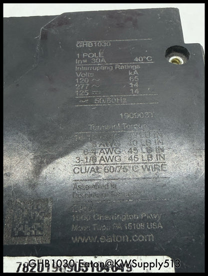 GHB1030~Eaton GHB1030 30A 277/480VAC 1P 14KA Circuit Breaker-Used