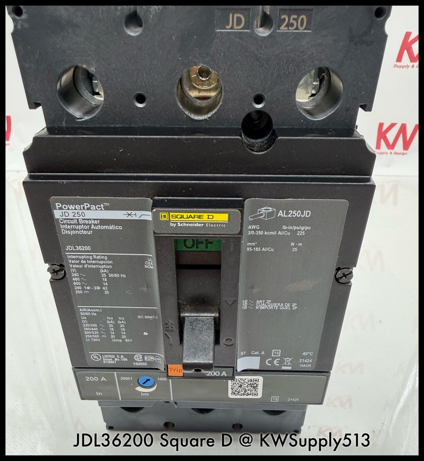 JDL36200~Square D JDL36200 200A 600VAC 3P 3PH 18KA Circuit Breaker-Used
