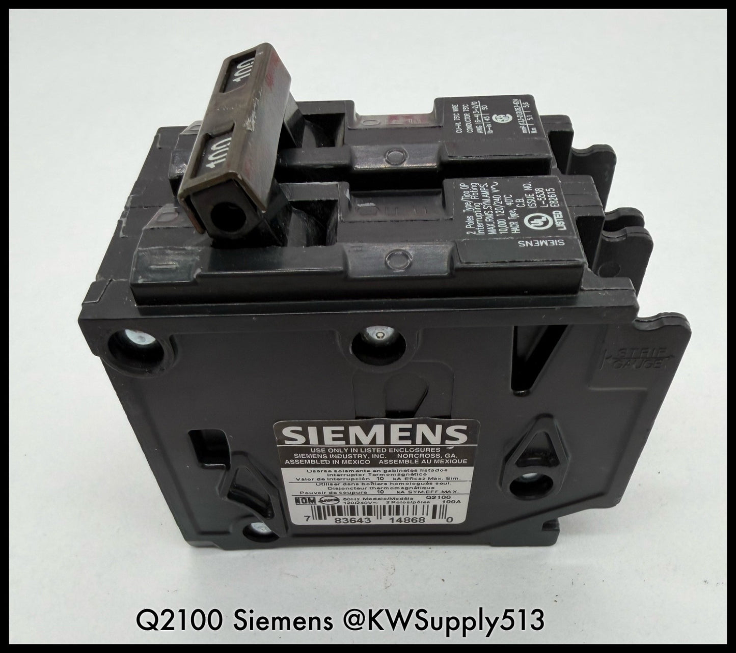 Q2100~Siemens Q2100 100A 2 Pole1P 120/ 240V 10KA Circuit Breaker -Used