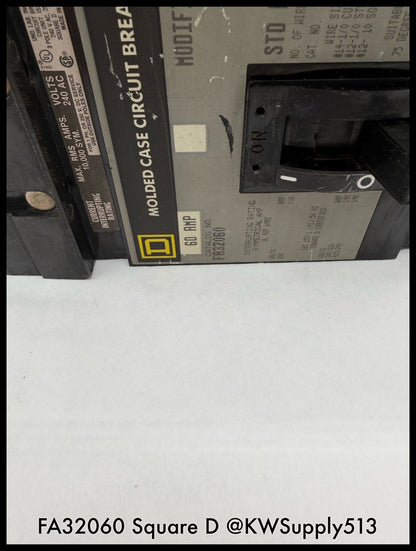 FA32060~Square D FA32060 60A 240V 3P 3PH 10KA I-Line Circuit Breaker-Used