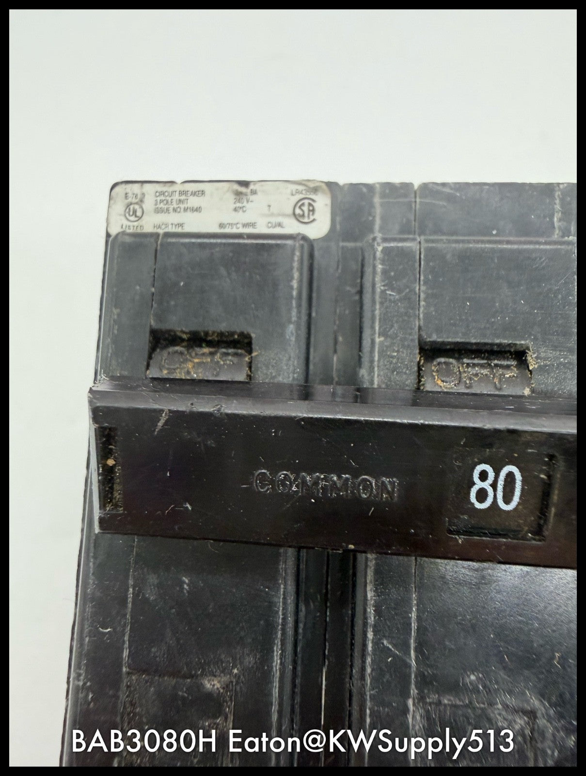 BAB3080H~Eaton BAB3080H 80A 240V 3P 3PH 10KA Circuit Breaker-Used