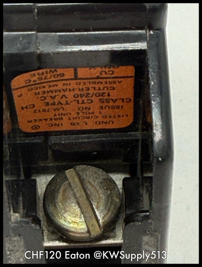 CHF120~Eaton CHF120 20A Plug On 1-Pole Circuit Breaker-Used