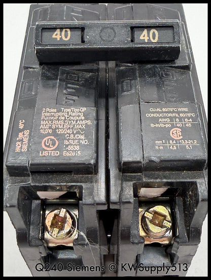 Q240~Siemens Q240 40A 2P 1PH 240VAC 10KA Circuit Breaker-Used