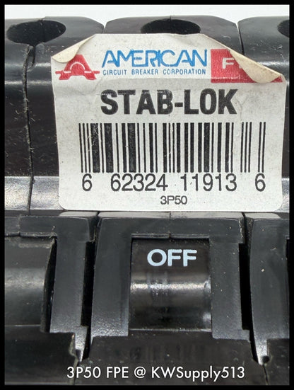 3P50~FPE 3P50 50A 3P 3PH 240VAC 10KA Molded Case Circuit Breaker-Used