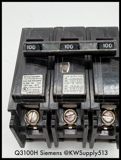 Q3100H~Siemens Q3100H 100A 3P 3PH 240VAC 22KA Circuit Breaker-Used