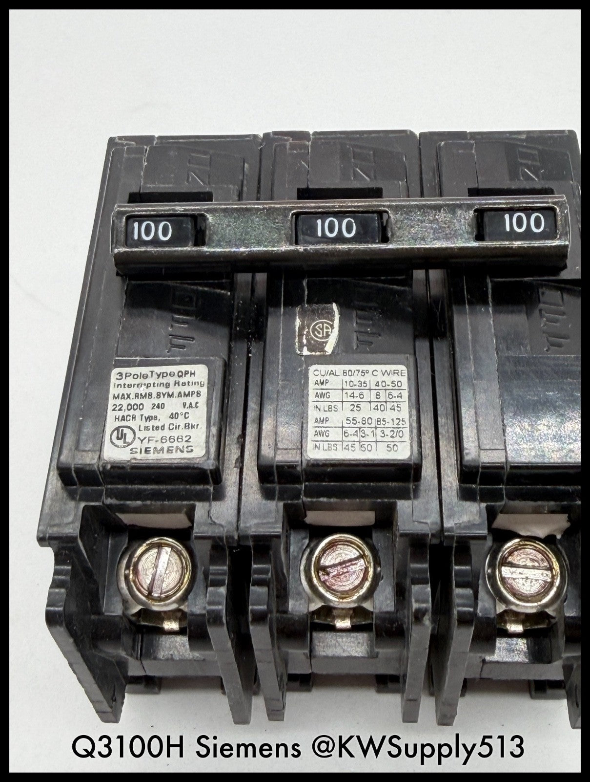 Q3100H~Siemens Q3100H 100A 3P 3PH 240VAC 22KA Circuit Breaker-Used