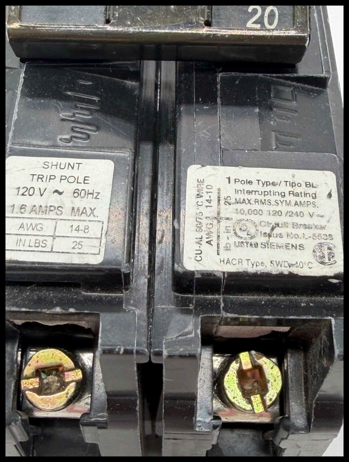 B12000S01~Siemens B1200S01 20A 120/240VAC 1P 1PH 10KA Circuit Breaker-Used