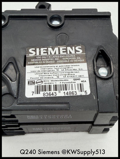 Q240~Siemens Q240 40A 2P 1PH 240VAC 10KA Circuit Breaker-Used