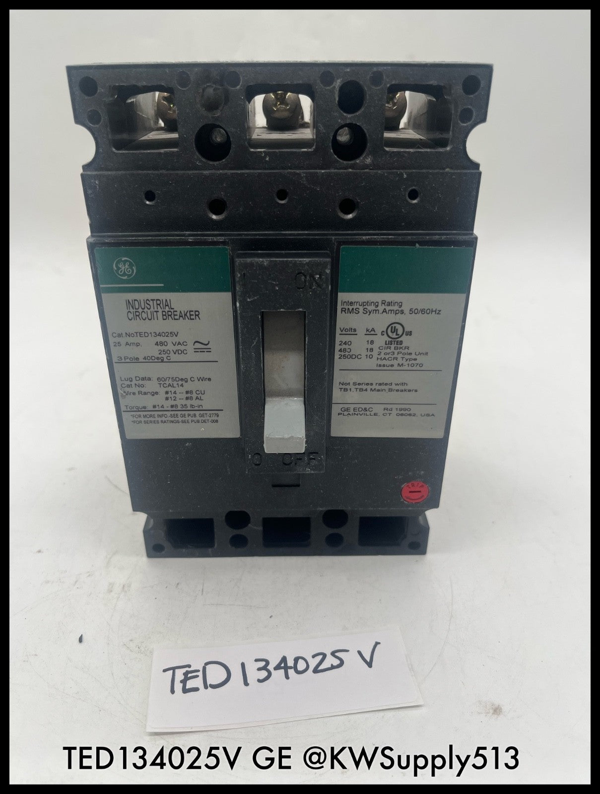 TED134025V~GE TED134025V 25A 3P 480V 18KA Industrial Circuit Breaker-Used