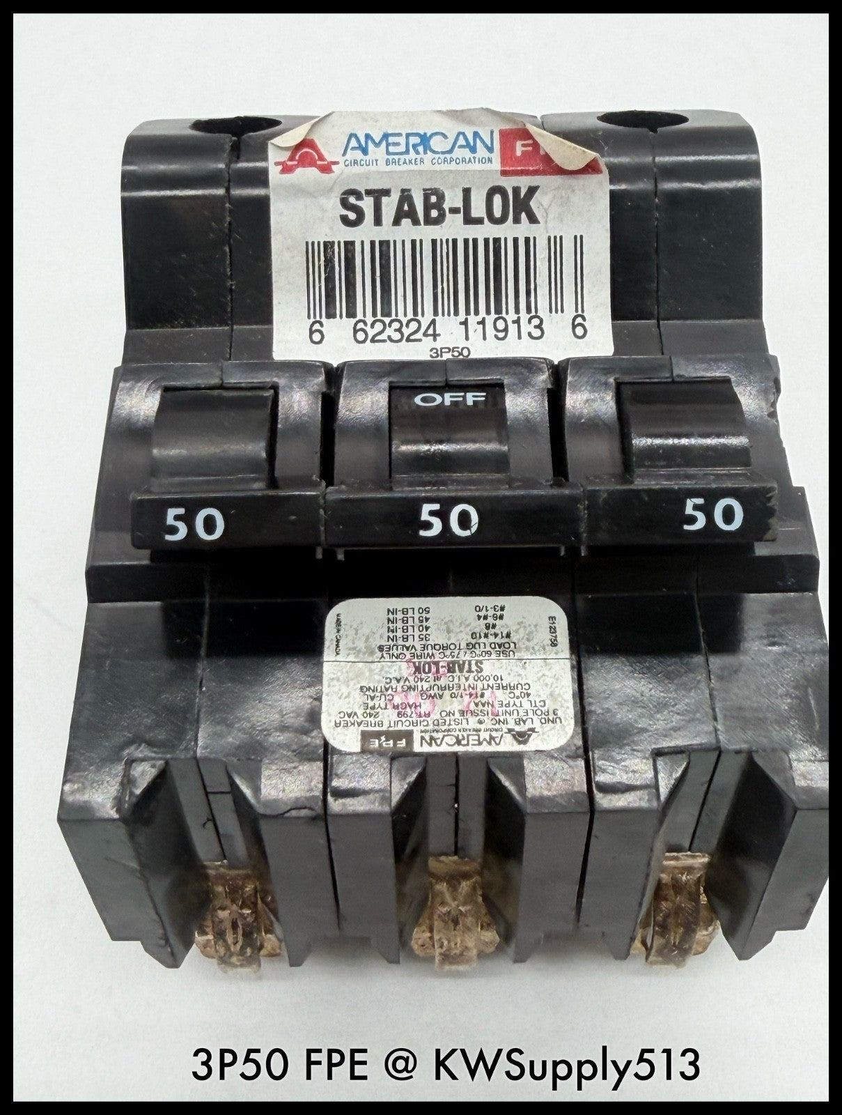 3P50~FPE 3P50 50A 3P 3PH 240VAC 10KA Molded Case Circuit Breaker-Used