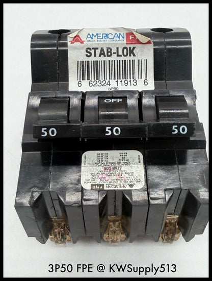 3P50~FPE 3P50 50A 3P 3PH 240VAC 10KA Molded Case Circuit Breaker-Used