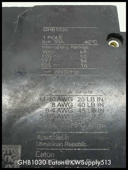 GHB1030~Eaton GHB1030 30A 277/480VAC 1P 14KA Circuit Breaker-Used