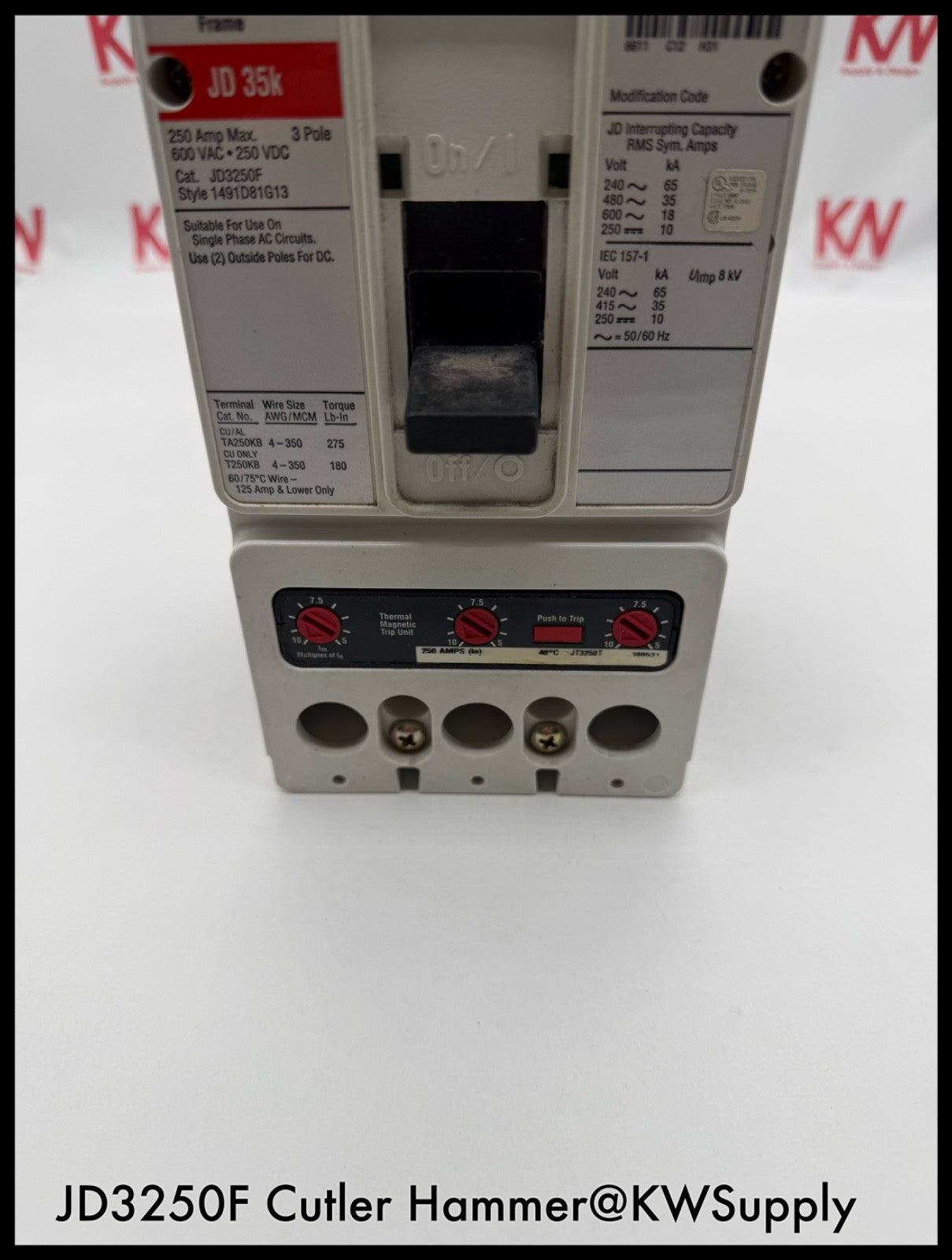 JD3250F~Culter Hammer JD3250F 250A 3P 600VAC Circuit Breaker-Used