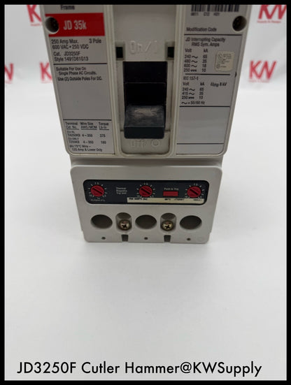 JD3250F~Culter Hammer JD3250F 250A 3P 600VAC Circuit Breaker-Used