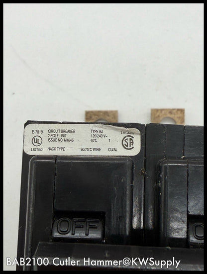 BAB2100~Cutler Hammer BAB2100 100A 120/240V 2P 10KA Circuit Breaker-Used