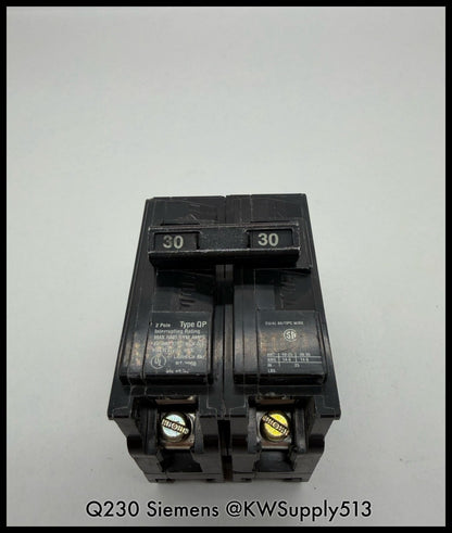 Q230~Siemens Q230 30A 2P 1PH 240VAC 10KA Circuit Breaker-Used