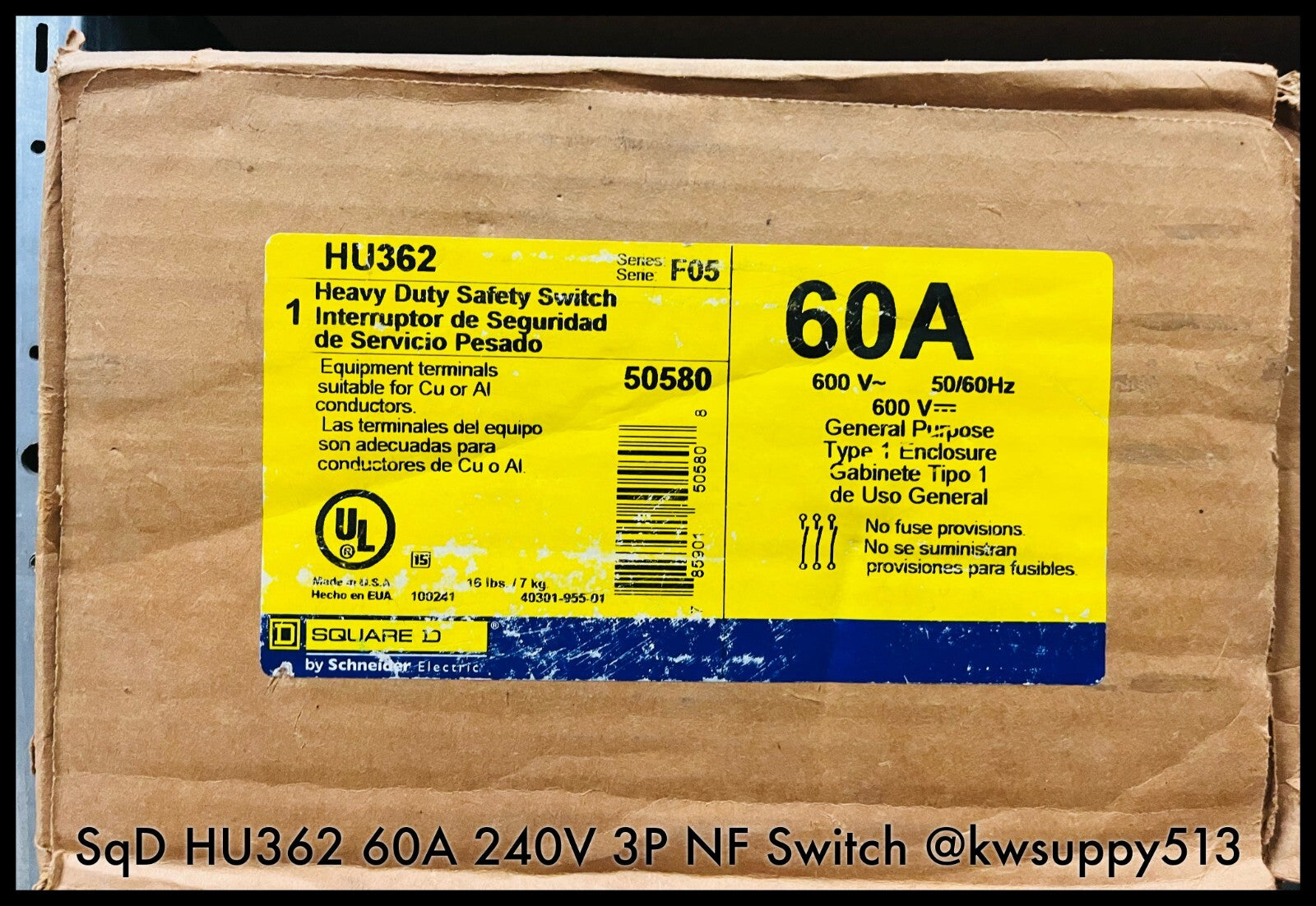 HU362 ~ Square D HU362 60A Heavy Duty Safety Switch 240V 3P Non-Fusible ~ Unused